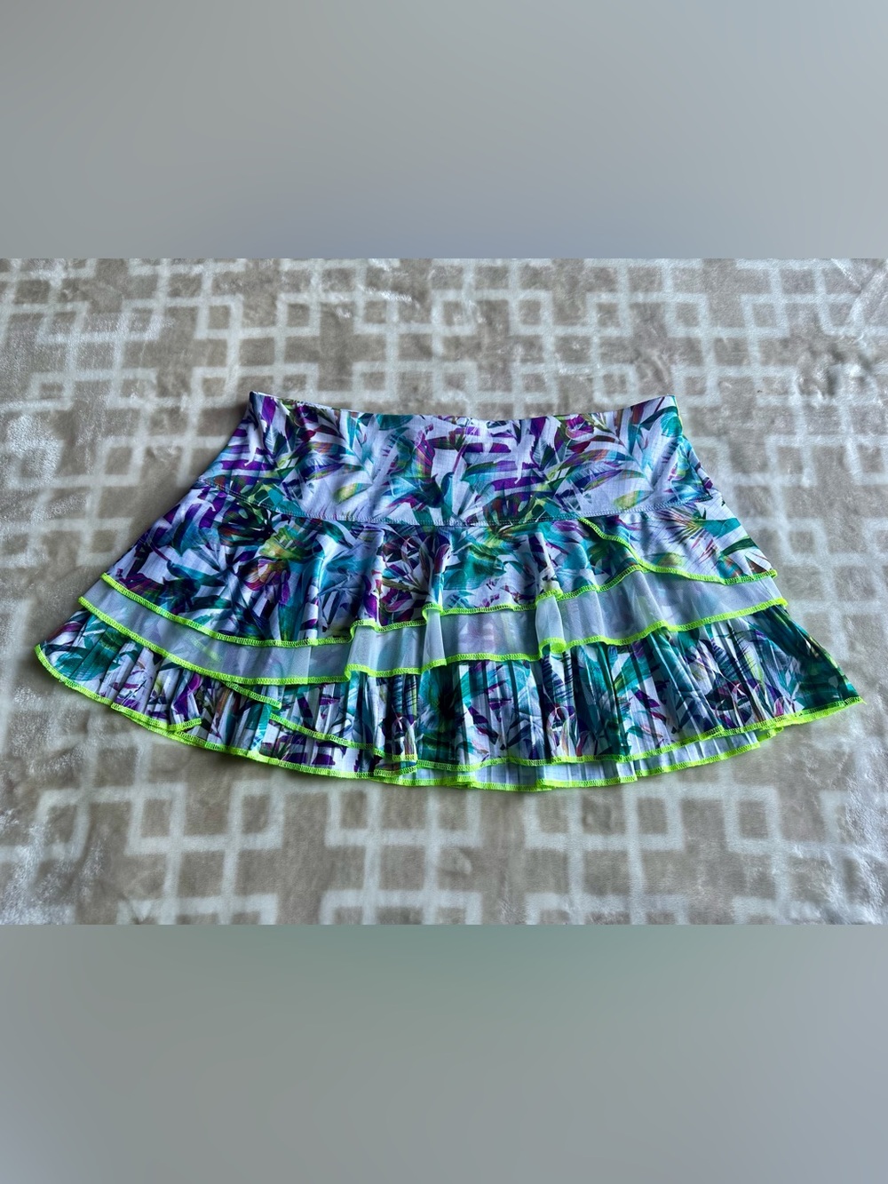 Lucky in Love Tropical Floral Ruffle Mini Skirt in Teal, Purple & Neon Green